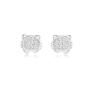 Cute S925 sterling silver cat head stud earrings with sparkling pavé crystals