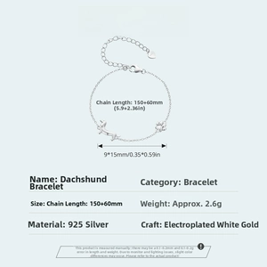 Detailed technical diagram of 925 sterling silver dachshund bracelet with dimensions