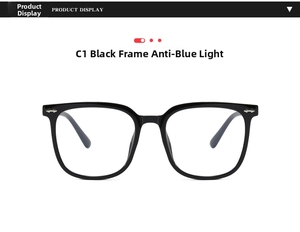 Macro detail of black square frame glasses with silver arrow metal accents and blue light filter
