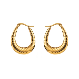 Elegant gold ribbed twist hoop earrings in stainless steel with a bold oval design