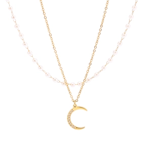 Double layer necklace with gold crescent moon pendant, white pearls and zircons