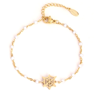 Gold stainless steel bracelet with witch hat charm and white beads for Halloween