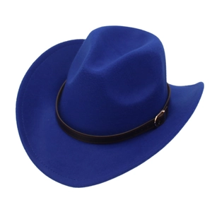Classic royal blue wool felt cowboy hat featuring a brown leather belt and gold buckle