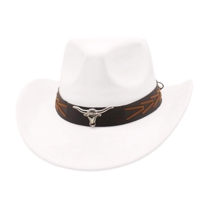 Detail of white western cowboy hat with brown belt and silver metal bull head ornament