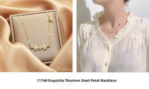 Detail of gold titanium steel daisy necklace with satin texture and lifestyle view