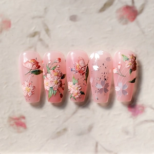Elegant 3D embossed cherry blossom press-on nails in soft pink with silver glitter