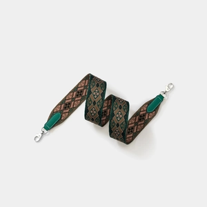 Green and coffee geometric jacquard woven shoulder strap with leather and silver clips