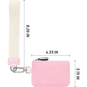 Pink minimalist wristlet pouch with white lanyard and dimension labels for crossbody use