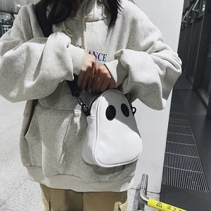 Detailed view of the cute white ghost PU leather crossbody bag worn on a grey hoodie