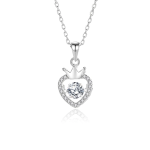 S925 sterling silver heart crown necklace with a dancing cubic zirconia stone