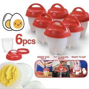 6-piece set of silicone egg cookers with red lids for boiling eggs without shells