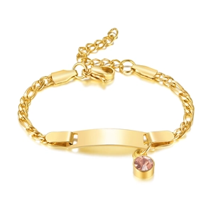Custom gold stainless steel bracelet with pink birthstone and engravable identity plate