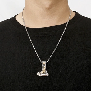 Collier pendentif hache viking double face en acier inoxydable rétro avec loup pour homme