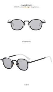 Detail view showing white and grey square frames with metallic nose pads on sunglasses