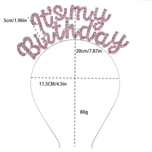 Detailed dimensions of silver birthday headband with pink rhinestone lettering