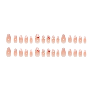 Pink gradient press-on nails with 3D bows and pearls, oval almond shape, 28-piece set
