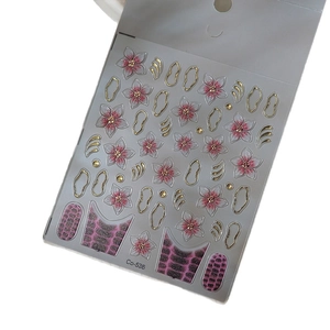 Pink gradient floral nail art stickers with gold outlines and purple glitter details