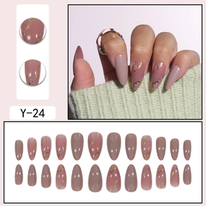 Almond press-on nails in dusty rose with golden floral art patterns, 24 piece set