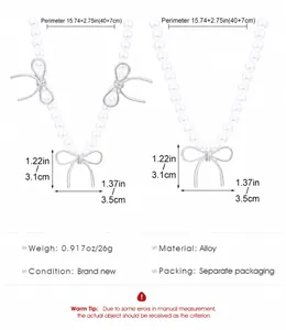 Detailed view of alloy bow and pearl necklaces with measurements and specifications