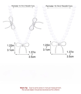 Detailed view of alloy bow and pearl necklaces with measurements and specifications