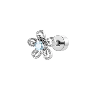 Silver daisy flower stud earring with blue zircon and screw ball back in titanium steel