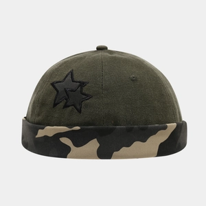 Army green docker hat with camouflage brim and black star embroidery in street style