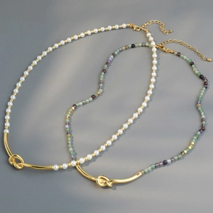 Bohemian double necklace set with colorful natural stones and elegant faux pearls