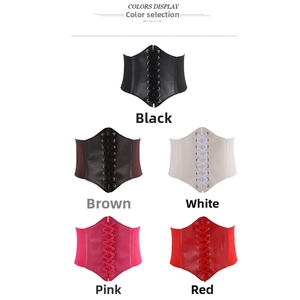 Lace-up elastic wide waist belts shown in black, brown, white, pink and red colors