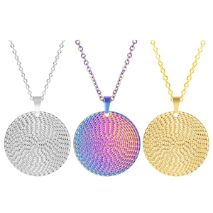 Detailed view of 18k gold plated stainless steel necklaces in gold, silver, and rainbow colors