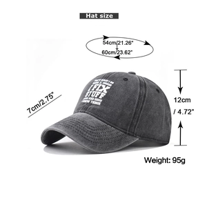 Detailed size chart for gray washed cotton baseball cap with adjustable metal buckle strap