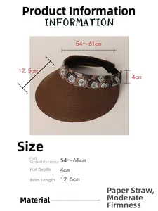 Detailed size specifications for brown straw sun visor with white flower embroidery
