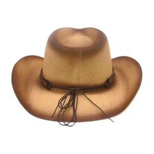 Detailed view of woven western cowboy hat featuring vintage brown finish and leather band