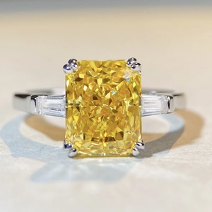 Radiant cut yellow square carbon diamond S925 sterling silver ring with side stones