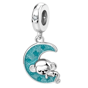 Detailed view of silver monkey charm on blue moon with stars for DIY bracelets