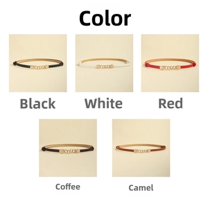 Detail view of five colors of slim elastic waist belts with gold metal buckle decoration