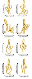 Detailed dimensions of gold-plated stainless steel letter pendants with heart design