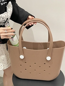 Large EVA beach tote bag in khaki featuring breathable holes and spacious interior capacity