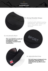Detail of breathable mesh fabric and adjustable strap on black sport sun visor