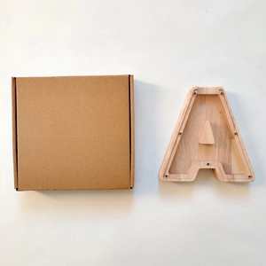 Letter A shaped oak wood piggy bank with transparent acrylic panel and gift box