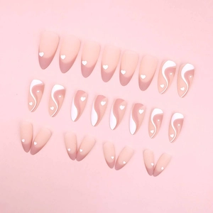 Morandi pink and white ombre press-on nails with abstract lines and heart nail art set