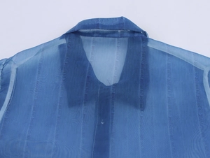 Detail of blue sheer organza shirt featuring a classic collar and vertical striped texture