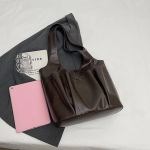 Large dark brown PU leather tote bag with functional pockets for office commute
