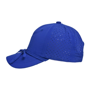 Detail of dark blue quick-dry baseball cap with bow knot and laser-cut ventilation holes