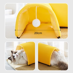 Yellow pet tunnel cat bed with cooling mat and dangling ball toy for cats to play