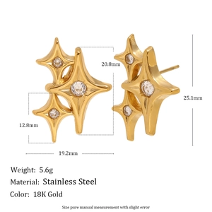 18K gold plated stainless steel four-pointed star stud earrings with round crystals