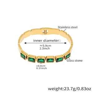 Detailed technical diagram of a gold-plated stainless steel bangle with green glass stones