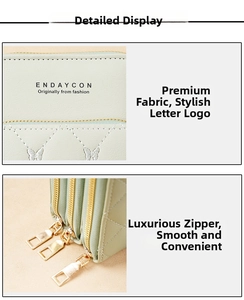 Detail view of the mint green phone bag with three golden zippers and butterfly embroidery