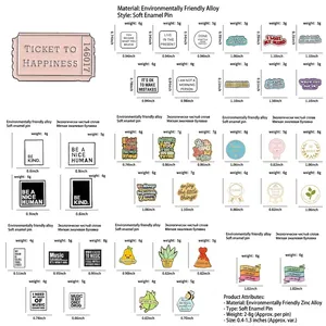 Size chart for varied enamel pins featuring motivational quotes and creative designs