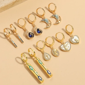 Vintage Copper Zirconia Evil Eye Earrings For Women Enamel Heart Moon Religious Relief Gold Plated Dangle Drop Jewelry