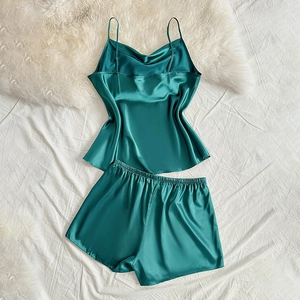 Three-piece satin sleepwear set with camisole, shorts and robe in emerald green finish
